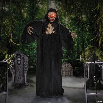 5 Ft. 10 3/4" Animated Standing Skeleton Reaper With Black Cloak Halloween Decoration