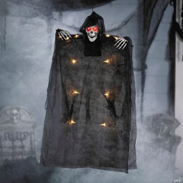 35 1/2" Hanging Light-up Skeleton With Hooded Black Cloak Halloween Decoration