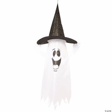 5 Ft. Hanging Light-up Color Changing Smiling Ghost With Witch Hat Halloween Decoration