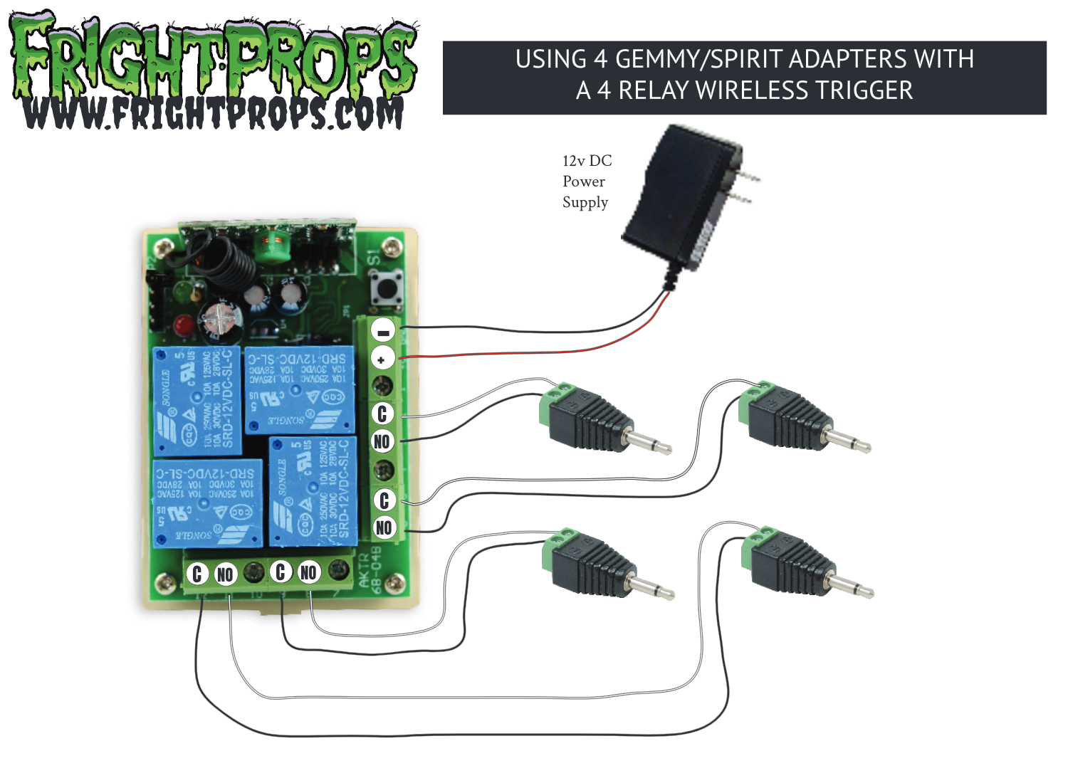 Using 4 Gemmy/Spirit Adapters with a 4 Relay Wireless Trigger