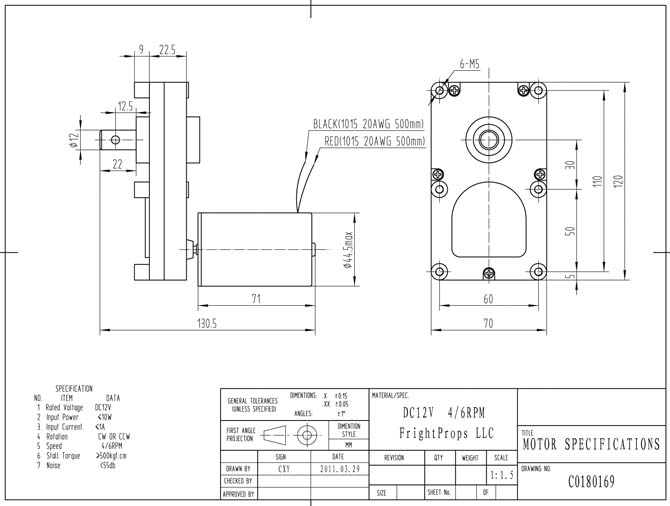 6RPM Fixed Speed High Torque 12VDC Prop Motor Dimensional Drawings (MOT2)